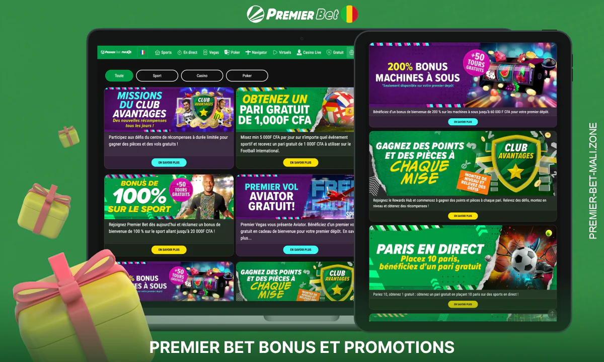 Les utilisateurs maliens de Premier Bet peuvent profiter de généreux bonus et de promotions passionnantes